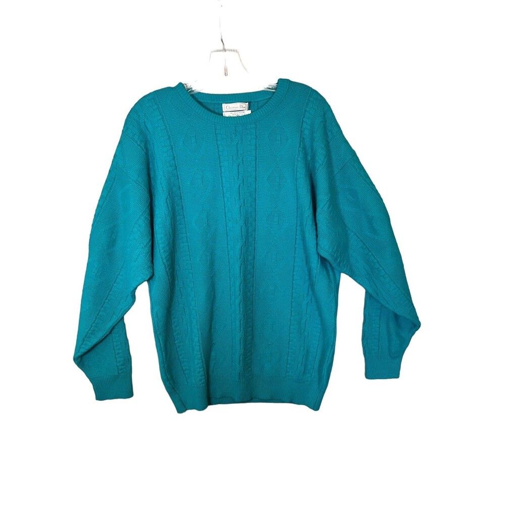Christian Dior Sweater Mens Medium Teal Vintage Cable Knit Orlon USA RN14321
